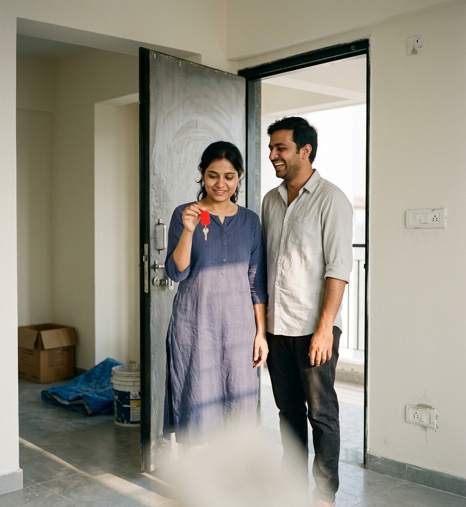 A young couple at the door of their new, empty apartment; she holds up a key with a red tag while he laughs