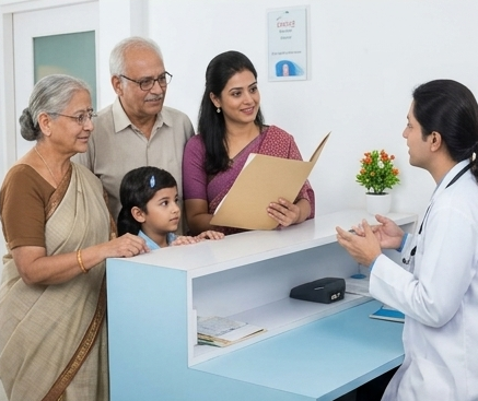 Three generations of a family at a clinic reception desk