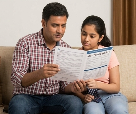 A father and daughter reading an insurance policy together on the sofa