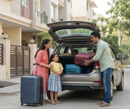A family loading suitcases into their car outside their building
