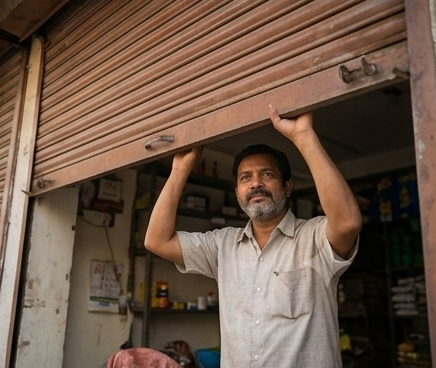 A shopkeeper pulling up his shop shutter in the morning